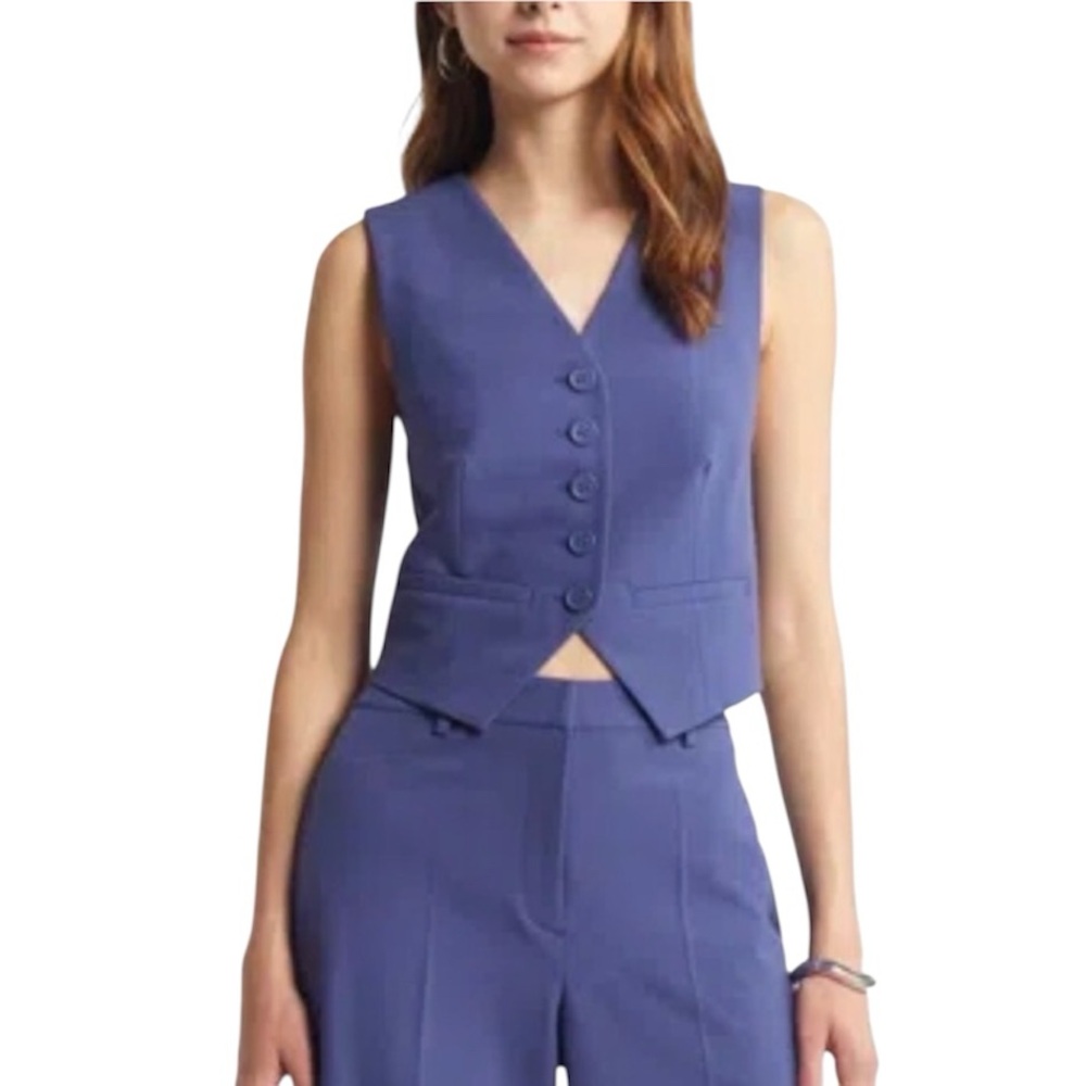 Open Edit Tailored Vest Blue Cobalt Women’s V neck Button Front sleeveless top S